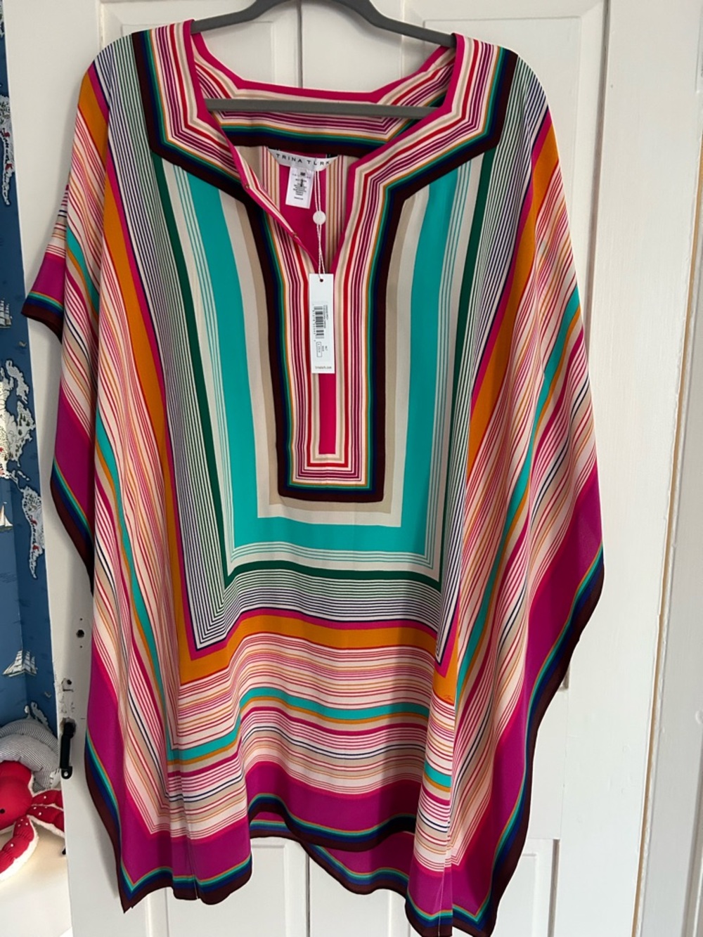 Trina Turk Striped Poncho Tunic in Pink and Turquoise with Gold Accents